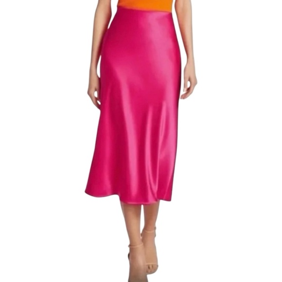 Barbie Fuchsia Classic Pink Satin Rachel Zoe Slip On Soft Midi Skirt Size 2 - Picture 3 of 15